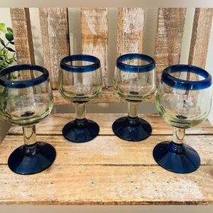 Set of 4 Mexican Hand Blown 5" Stem Cordial Drinking Glasses Cobalt Blue Rim